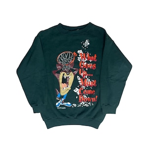 Młodzieżowy M Vintage Dziecięcy Bluza z okrągłym dekoltem TAZ Koszykówka Looney Tunes | Forest Green Tazmanian Devil Sweater