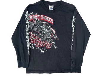 Jugend M Vintage Kinder Langarmshirt GRAVEDIGGER | Schwarzes Monster Jam Shirt