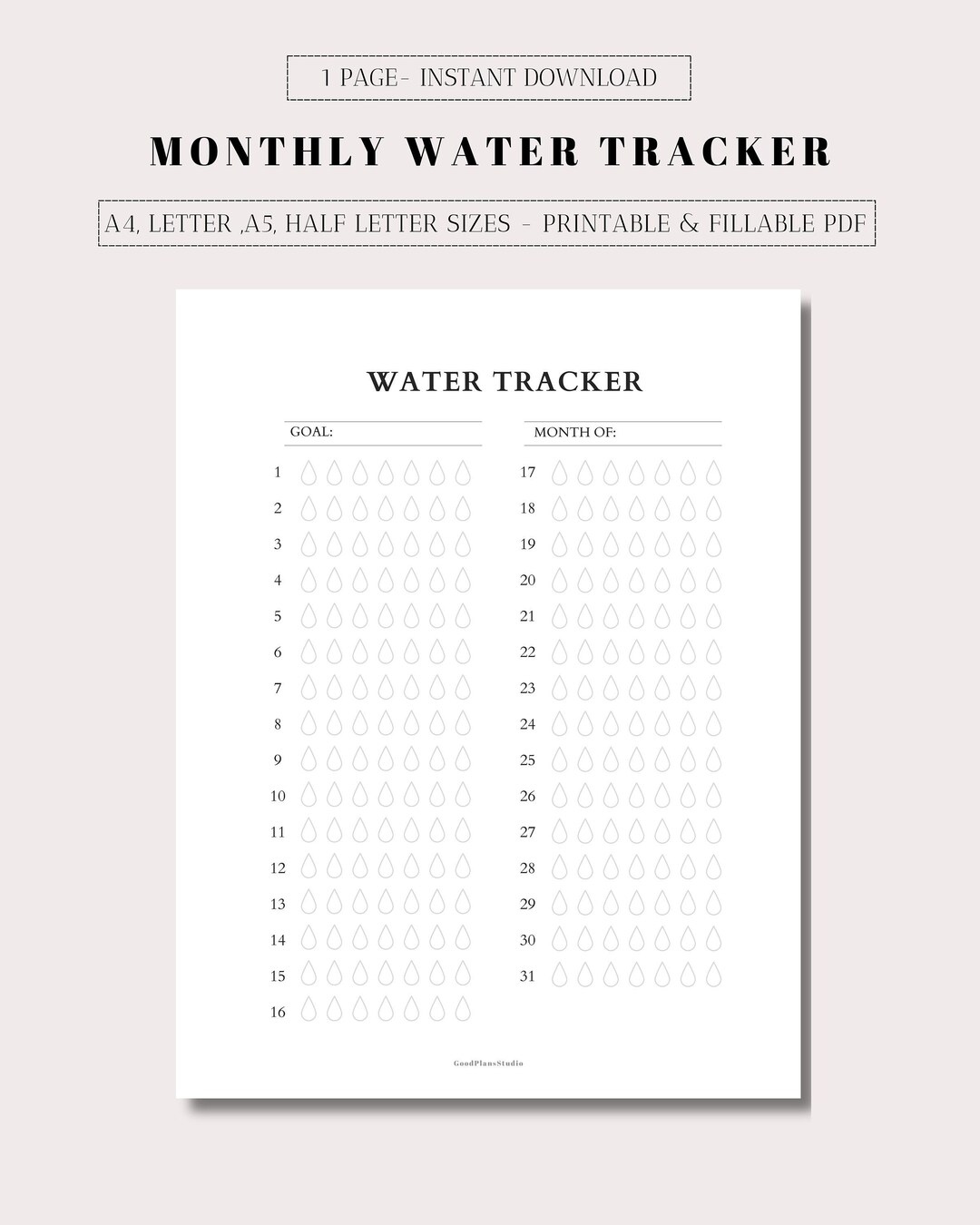 Monthly Water Tracker Printable, 31 Day Water Challenge, Hydration ...