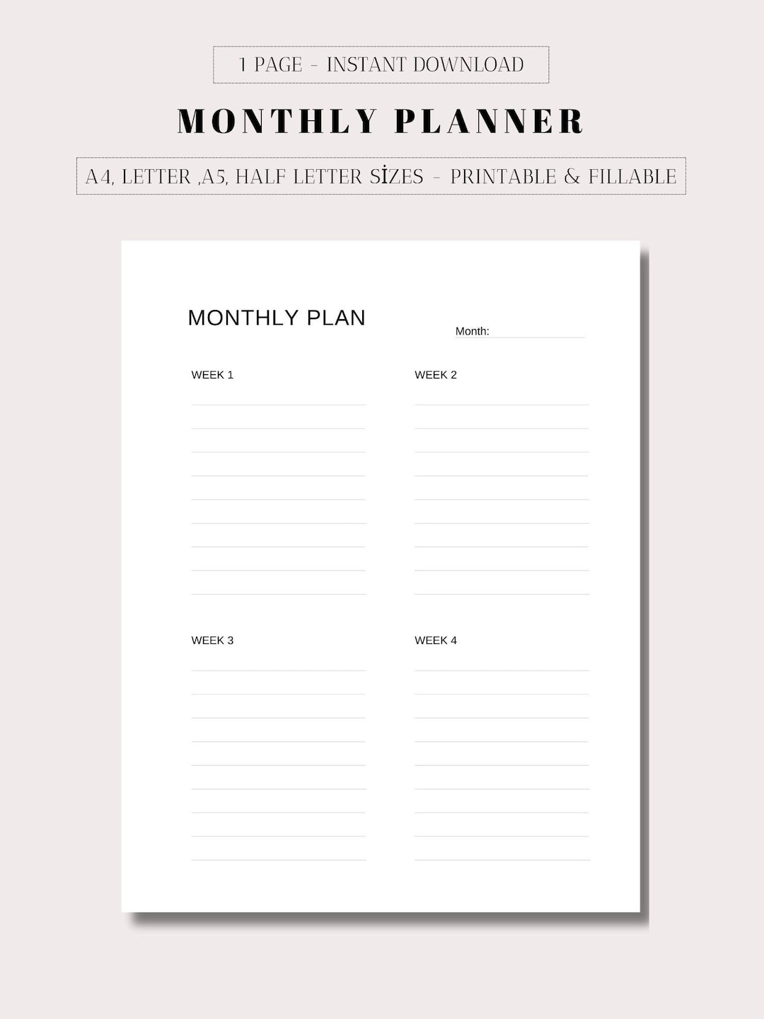 Monthly Planner Printable PDF , Undated Monthly Planner , Minimal Monthly Planner , Weekly ...