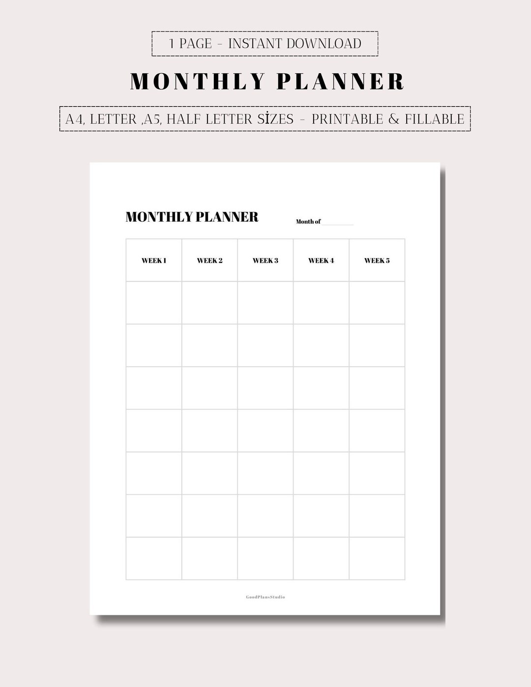 Monthly Planner Printable PDF , Undated Monthly Planner , Minimal ...