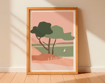 Affiche bassin d’Arcachon minimaliste, les pins roses et verts - Cap Ferret