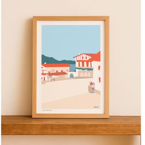 Bidart poster of the Town Hall Square in the Basque Country - wall art - blue/red/beige poster