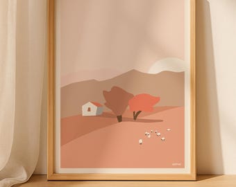 Coral Mountain Poster – Minimalist illustration, wall decor, modern frameless poster
