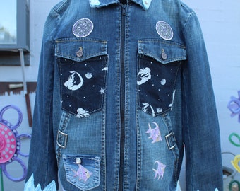 Chaqueta vaquera reciclada de sirena, temática oceánica, con bolsillos