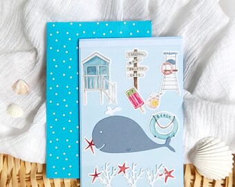 Carte de vœux,  carte vacances, carte été, carte baleine, carte retraite