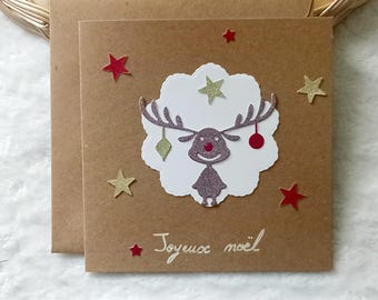 Carte de Noël,  Carte petit renne de Noël,  Carte joyeux Noël,  Carte de vœux fait main