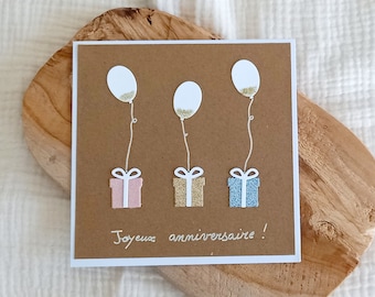 Carte anniversaire, carte joyeux anniversaire, carte ballons, carte de vœux,  carte pailletée