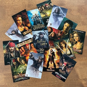 May include: A collection of 15 movie posters for the Pirates of the Caribbean film franchise. The posters feature various characters from the films, including Captain Jack Sparrow, Will Turner, Elizabeth Swann, and Davy Jones. The posters are in various colors and feature different scenes from the films.