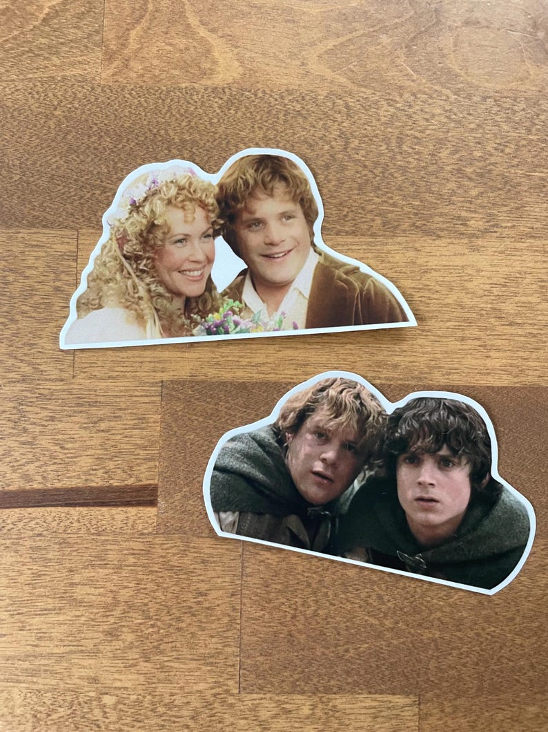 May include: Two stickers featuring scenes from The Lord of the Rings. The first sticker shows a wedding scene with a woman in a white dress and a man in a brown suit. The second sticker shows two men in a forest setting, one with a worried expression and the other with a concerned look.
