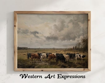 Cows in Field | Rustic Cattle Painting | Vintage Farmhouse Wall Art | Country Landscape Canvas | Large Pastoral Scene Decor