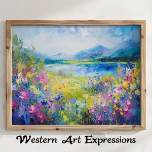 Wildflowers on an Alpine Lake | Colorful Floral Landscape Painting | Handmade Acrylic Wall Art | Vibrant Flower Field | Lake Scenery