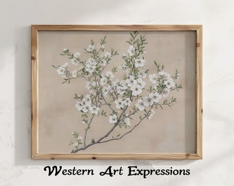 Tak met witte bloemen | Botanische kunst aan de muur afdrukken | Witte bloesems illustratie | Bloemen woondecoratie | Natuur geïnspireerde woonkamer kunst