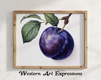 May include: A framed illustration of a single purple plum with a green leaf stem. The plum has a dark purple hue with a slight sheen and a textured surface. The background is white with the text "Western Art Expressions" at the bottom.