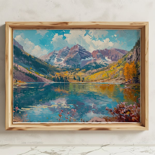 Maroon Bells Colorado Landscape Digital Print | Rustic Cabin Decor | Mid-Century Oil Painting | Mountain Wall Art | Mountain Landscape Art