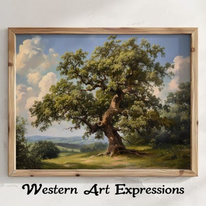 May include: A framed oil painting depicting a large, green oak tree with a thick trunk and branches reaching towards a blue sky with white clouds. The tree is in a field with green grass and other trees in the background.