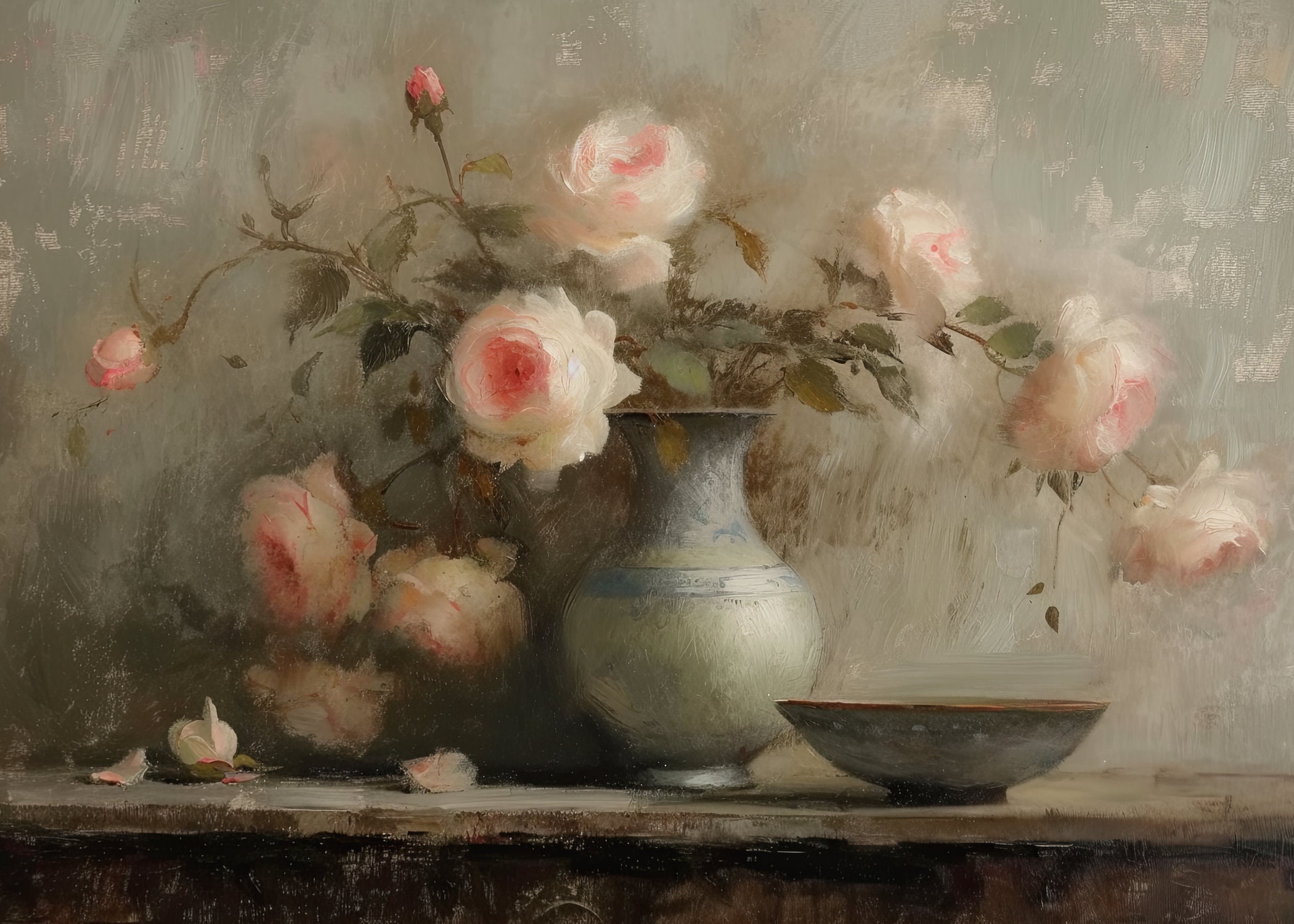 Pink Roses in Vase Next to Bowl | Vintage Floral Still Life Canvas Art ...
