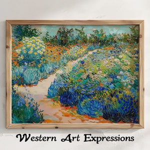 Puede incluir: Una pintura enmarcada que representa un camino de jardín bordeado de flores azules, amarillas y verdes. La pintura está en un marco de madera claro y tiene un fondo blanco.
