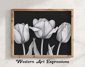 Tulip Trio - Ink Drawing | Monochrome Tulips Wall Art | Black and White Floral Decor | Minimalist Botanical Print