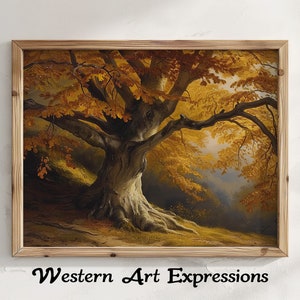 May include: A painting of a large, gnarled tree with golden leaves in a forest setting. The tree is in the center of the painting and its branches reach out towards the viewer. The leaves are a vibrant yellow and orange, and the light shines through them, creating a warm and inviting atmosphere.