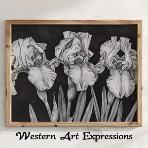 May include: A black and white drawing of three iris flowers in a wooden frame. The flowers are drawn in detail, with their petals and leaves clearly visible. The background is black, and the frame is a light brown wood.