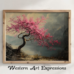 Vintage Baum Malerei | Kirschblüten-Leinwand | Rosa Baum Wand Kunst | Natur Landschaft Poster | Wohndekor | Florale szenische Malerei