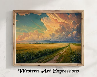Orage sur les champs de maïs du Kansas | Peinture à l'huile | Impression numérique | Décor rustique | Peinture de paysage | Art mural imprimable
