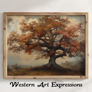 May include: A framed painting of a large, solitary tree with autumn leaves in a landscape setting. The tree is in the center of the painting and is surrounded by a field of grass. The sky is a light blue with some clouds. The painting is in a wooden frame.