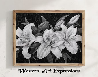 Trio Lillies - Rysunek tuszem | Elegancka czarno-biała sztuka ścienna z lilią | Dekoracja domowa z motywem kwiatowym | Monochromatyczny wydruk botaniczny