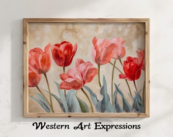 Tulipani / Arredamento fattoria / Tulipani rossi su tela / Decorazione floreale da parete / Pittura in stile vintage / Opere d'arte botanica / Decorazione domestica