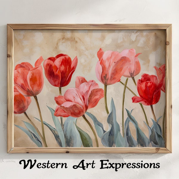 Tulips | Farmhouse Decor | Red Tulips Canvas Art | Floral Wall Decor | Vintage Style Painting | Botanical Artwork | Home Decoration