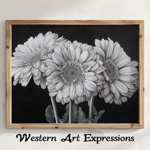 Gerbera Daisies Trio - Ink Drawing | Black and White Daisy Wall Art | Elegant Floral Print | Monochrome Botanical Illustration