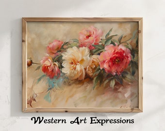 Pintura de peonías / Impresión de lienzo floral / Arte de pared de peonía vintage / Decoración de pintura botánica / Arte de dormitorio y sala de estar