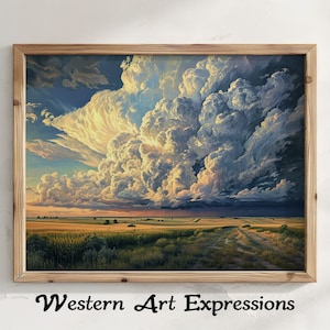 Puede incluir: Una pintura enmarcada que representa un cielo dramático y tormentoso sobre un campo de hierba alta. Las nubes son una mezcla de blanco, gris y azul oscuro, con un toque de naranja en la distancia. El campo es verde y marrón, con un camino de tierra que se adentra en la distancia.