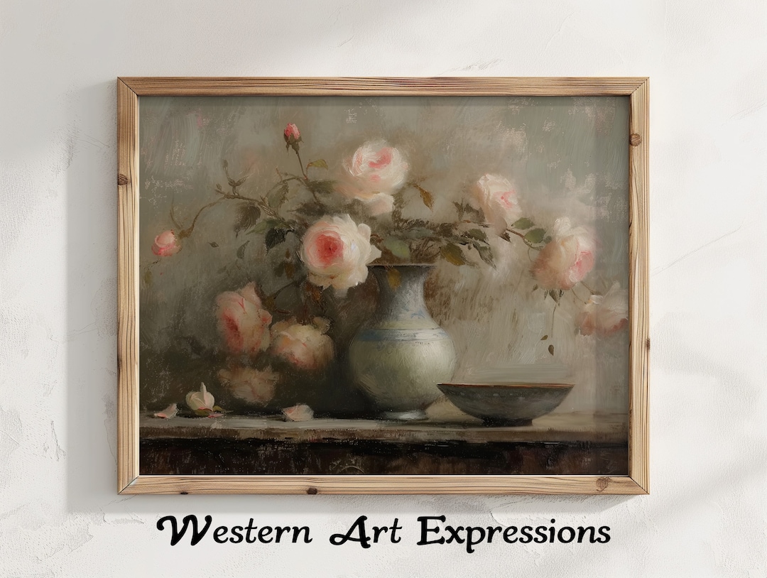 Pink Roses in Vase Next to Bowl | Vintage Floral Still Life Canvas Art ...