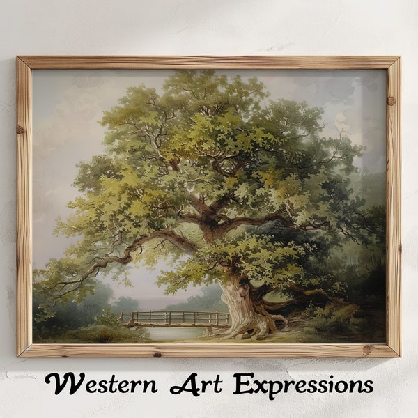 Loan Oak | Vintage Oak Tree Painting Print | Rustic Landscape Wall Art | Antique Nature Decor | Countryside Scenery Artwork