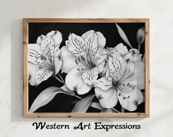 Alstroemerias Trio - Desenho a nanquim | arte floral em preto e branco | Impressão das flores do esboço da tinta | Ilustração Botânica Decoração de Casa