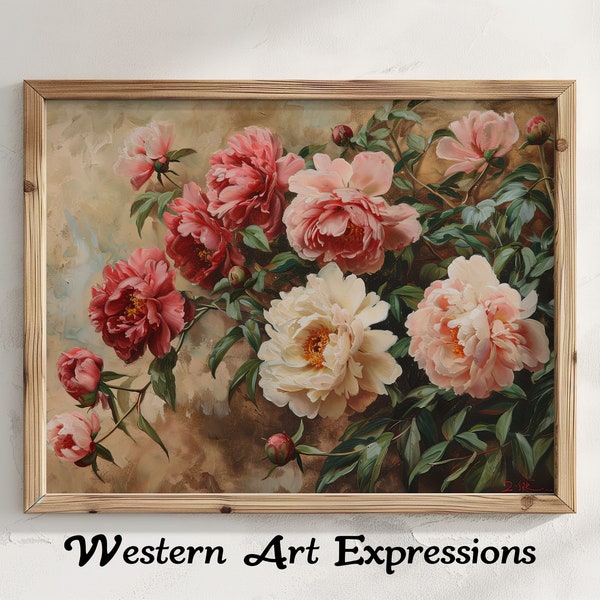 Peonies in Bloom | Farmhouse Decor | Vintage Floral Painting Canvas Print | Peony Wall Art Decor | Botanical Artwork Reproduction