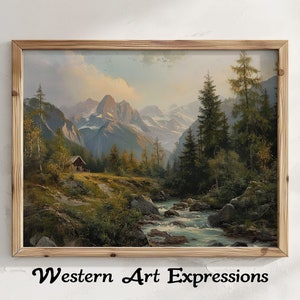 Mountain Shack | Rustic Mountain Landscape Painting | Vintage Nature Wall Art | Scenic Forest River Decor | Cottagecore Aesthetic