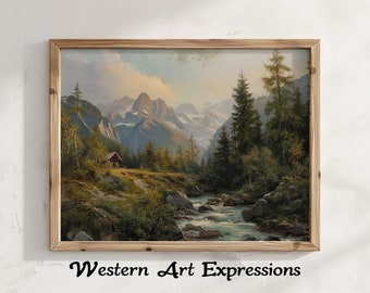 Cabaña de montaña / Pintura rústica de paisaje de montaña / Arte vintage de la pared de la naturaleza / Decoración escénica del río del bosque / Estética Cottagecore