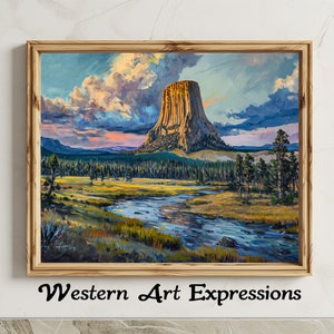 Teufelsturm | Landschaft Ölgemälde | Wyoming Sonnenuntergang | Digitaler Download | Rustikales Wohndekor | Druckbare Wandkunst