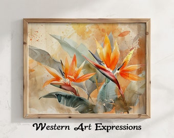 Aquarela Aves do Paraíso florescendo | Arte Botânica Abstrata | Pássaros de paraíso da aquarela impressão de <br> Crie Seu Próprio Produto! Decoração de parede moderna | Planta Tropical