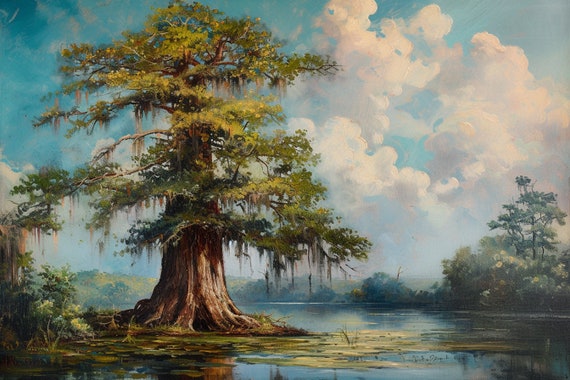 Bald Cypress Tree | Vintage Painting | Vintage Landscape Painting