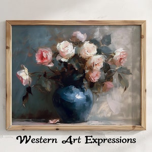 Peut inclure: Une peinture encadrée représentant un bouquet de roses roses et blanches dans un vase bleu. Les roses sont disposées de manière lâche et naturelle, et le vase est simple et élégant. L'arrière-plan est d'un bleu doux et tamisé.