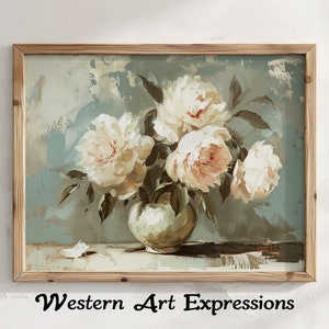 Peonies in Vase | Peony Canvas Art Print | Floral Wall Decor | Botanical Painting | Beige Blue Aesthetic | Large Wall Art | Modern Decor