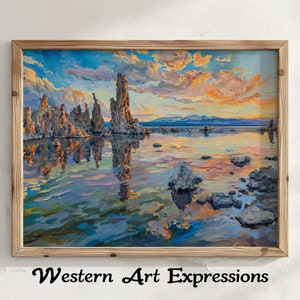 May include: A framed painting depicting a landscape with tall, slender rock formations in a lake at sunset. The sky is a blend of pink, orange, and blue with fluffy clouds. The water is a deep blue with reflections of the rocks and the sky.