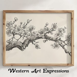 Puede incluir: Un dibujo en blanco y negro de una rama de cerezo en flor en un marco de madera. El dibujo está sobre un fondo crema. El texto "Western Art Expressions" está debajo del marco.