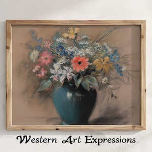 Floral Arrangement Blue Vase | Floral Wall Art | Vintage Vase Painting | Botanical Print | Colorful Flowers Decor | Bedroom & Living Room
