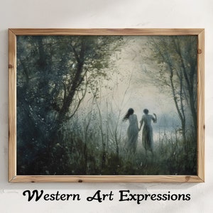 May include: A framed painting depicting two figures walking through a misty forest. The figures are silhouetted against the light background, and the trees are painted in shades of green and blue.
