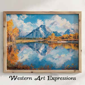 Oxbow Bend | Grand Teton Nationalpark | Spiegelbild | Ölgemälde | Digitaldruck | Rustikales Dekor | Landschaftsmalerei | Druckbare Kunst